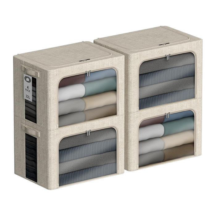 4 Pack Clothes Storage Bins with Metal Frame - 22L Stackable Storage Box with Lid,Foldable Storage Container Organizer for Clothes,Linen Fabric Storage Box with Clear Window&Zippers&Handles