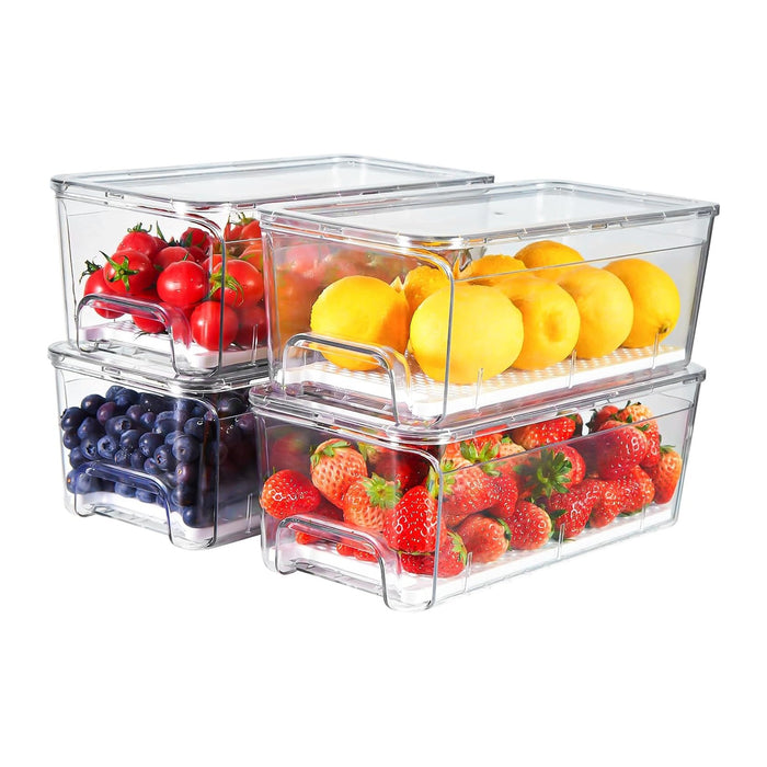 4-Pack Refrigerator Drawer Organizer Bins, Clear Stackable Pull Out Fridge Organizers and Storage Container, with Strainer Layer for Fruits, Vegetables, Drinks, Snack and Food