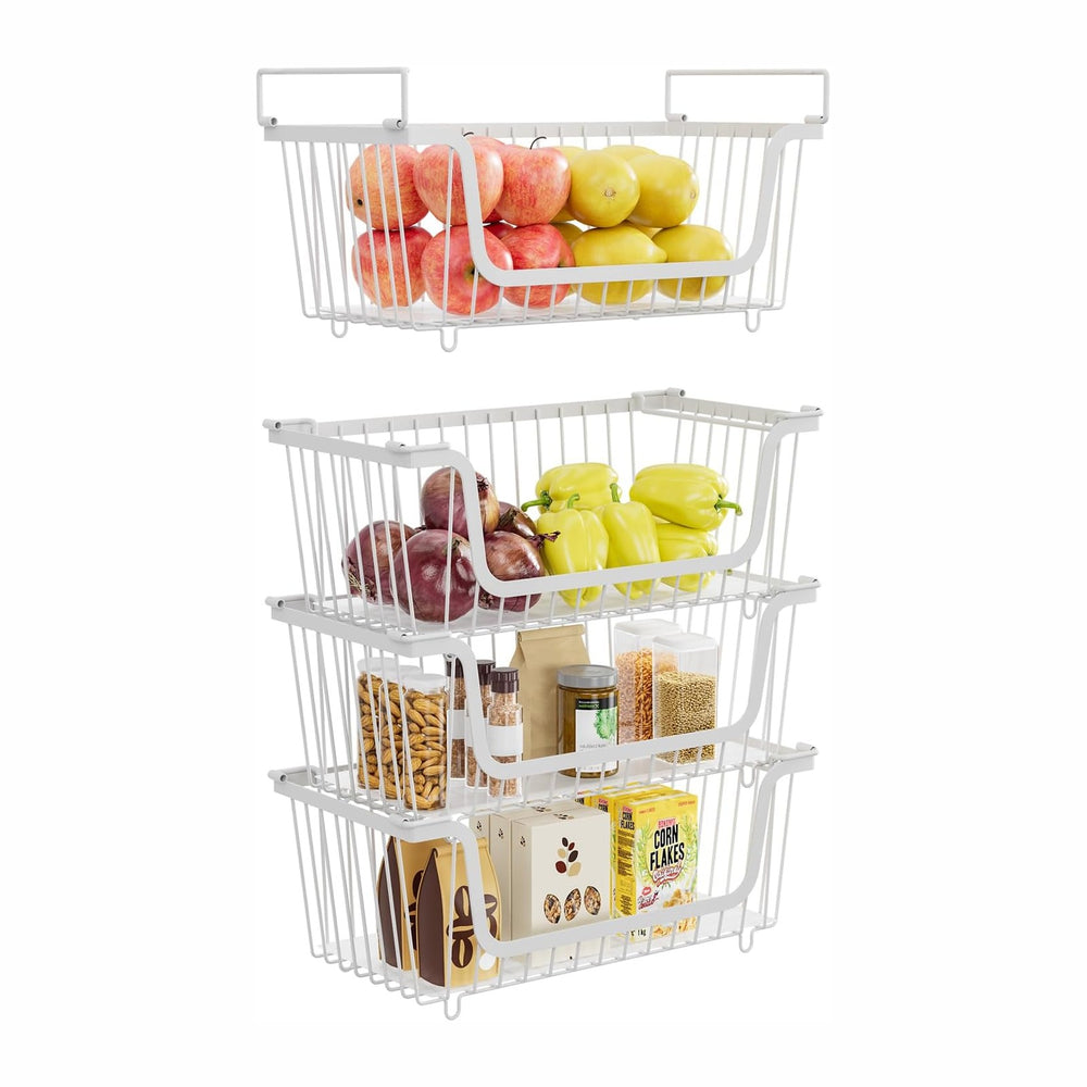 4 Pcs Stackable Wire Baskets for Pantry Organizers and Storage, White