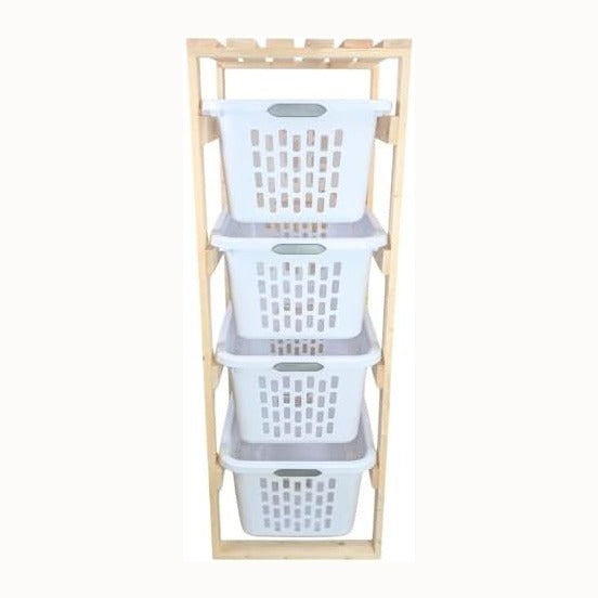 4 Tier Narrow Solid Wood Laundry Basket Storage Organizer