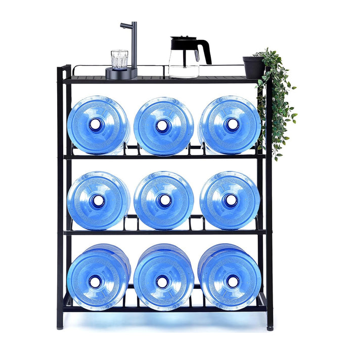 5 Gallon Water Dispenser Jug Holder with Top Shelf Heavy Duty Water Cooler Jug Rack and 4 Tier Water Storage Rack with 9 Slots for Gallon Jugs (Black)