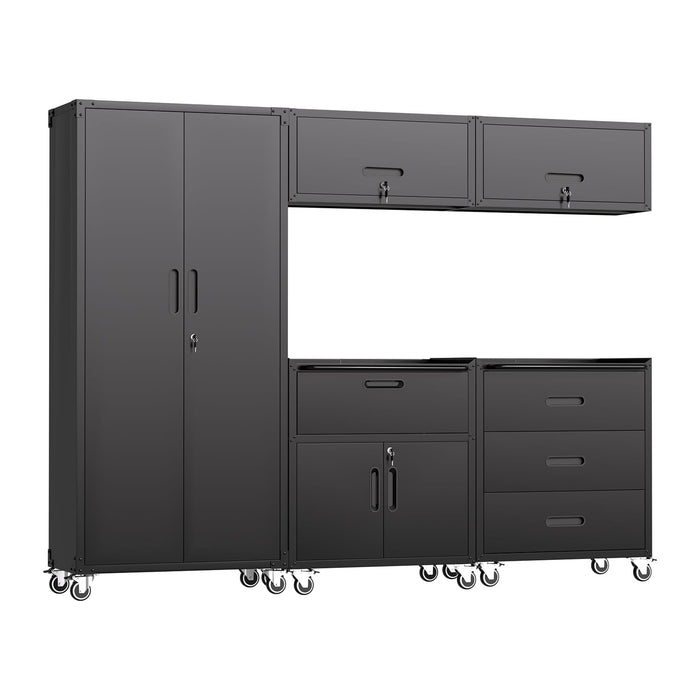 5 PCS Garage Storage Cabinets System Heavy Duty Workshop Set with Drawers Locking Rolling Cart with Adjustable Shelves Garage Tool Workbench Cabinets (5 PCS-2,Black)