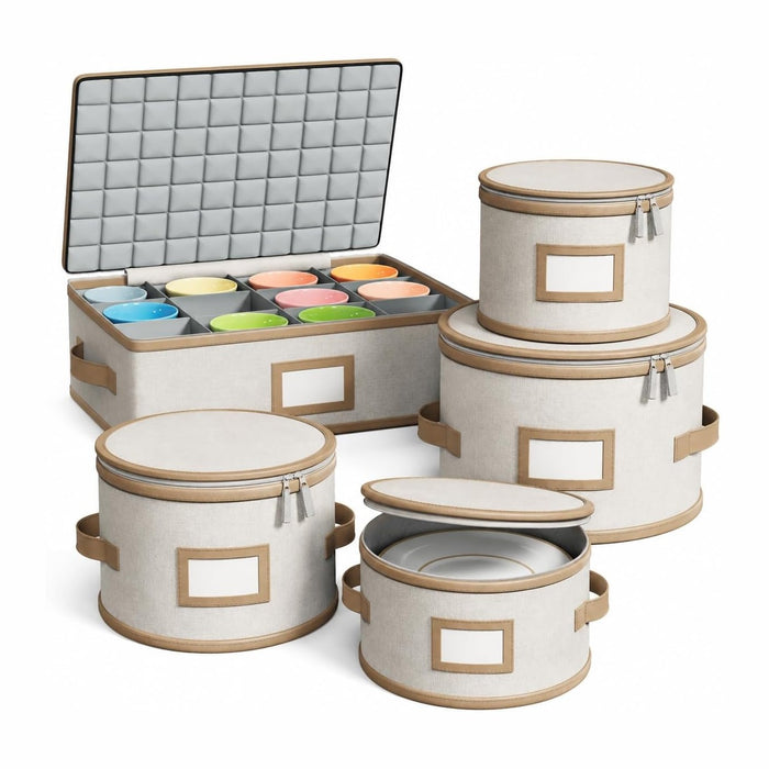 5 Piece Hard Shell China Storage Containers with Brown Leather Trim, Beige