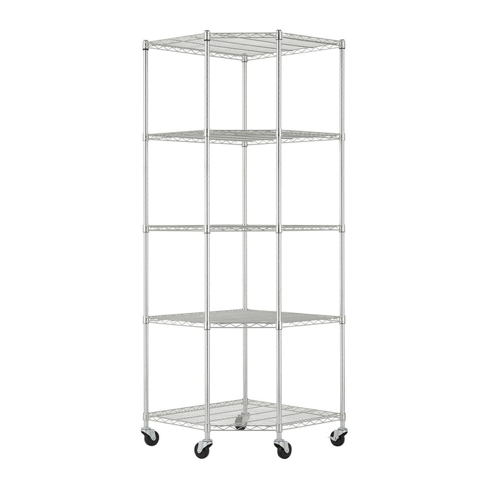 5-Tier Adjustable Wire Shelving with Wheels, Corner Wire Shelf Rack for Kitchen Organization, Garage Storage, 400 to 2000lb Capacity, NSF Certified, 27”x27 x18”x72”, EcoStorage Chrome