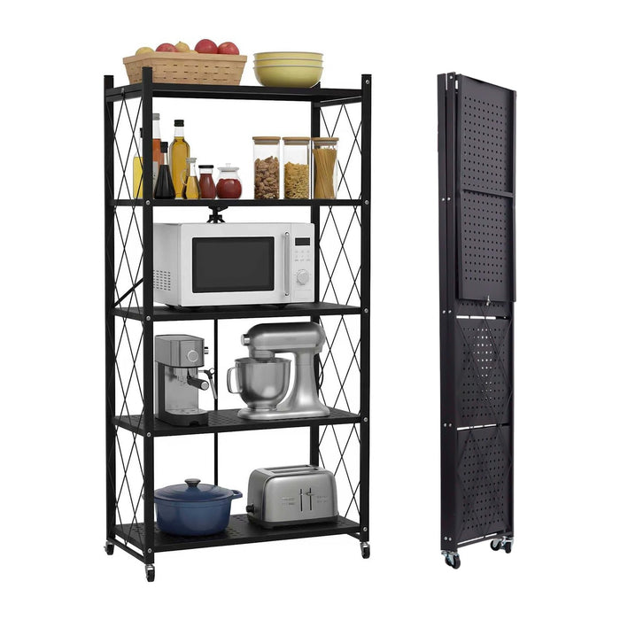 5 Tier Foldable Storage Shelf with Wheels, Heavy-Duty Metal Shelving Unit, No Assembly Book Shelf Rolling Storage Rack for Garage, Kitchen, Pantry, Closet, Exhibition, Office Decor, Black