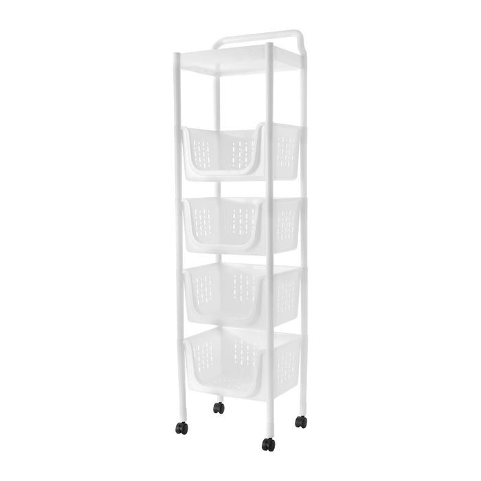 5 Tier Kitchen Organizer,Hollow-Cut Floor-Standing Fruit Vegetable Basket with 2 hooks 4 universal wheels, Kitchen Storage Basket ,Fruit Basket Kitchen Storage Cart (White, 4 Baskets+ 1 Top Shelf)