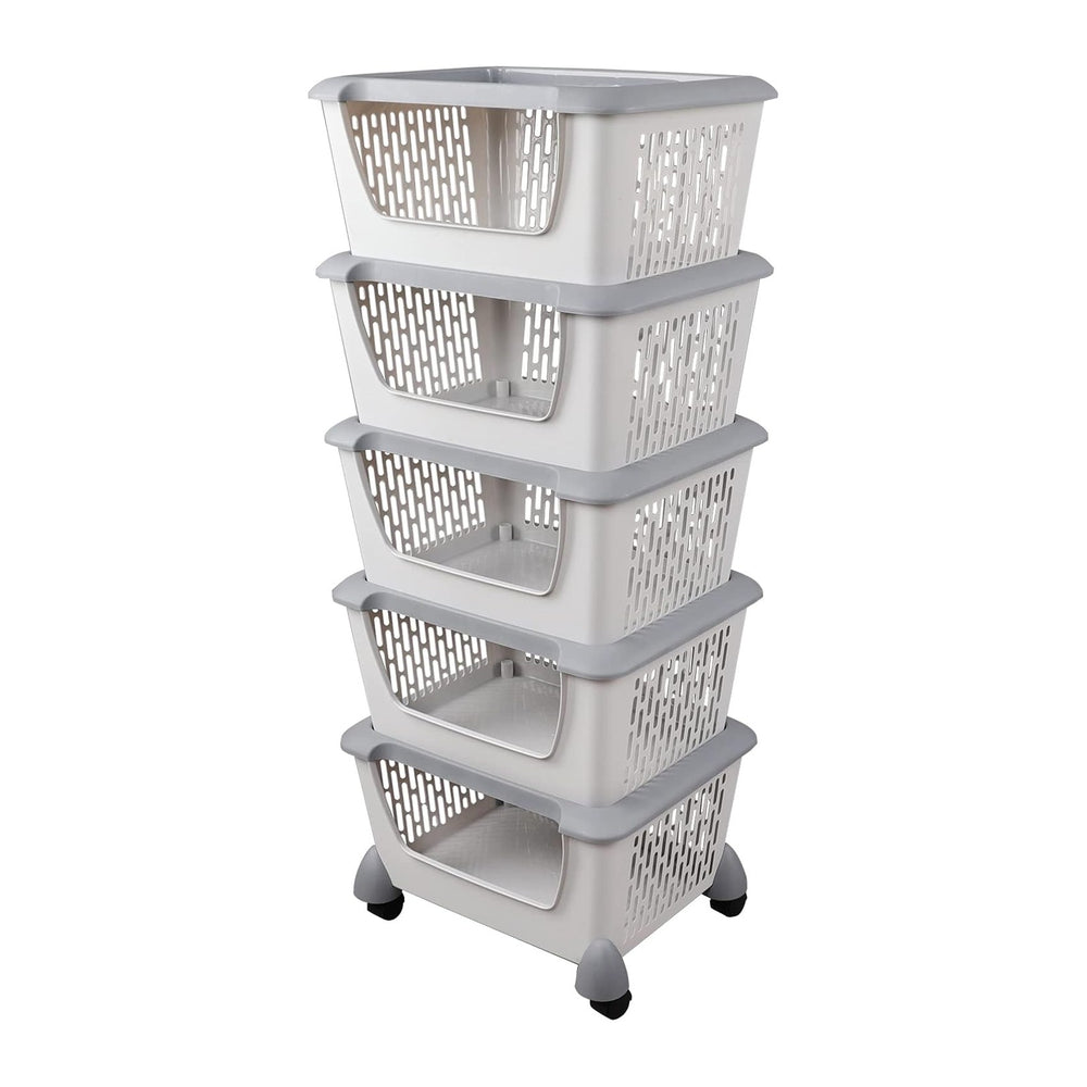 5 Tier Large Plastic Storage Stacking Basket/Bin on Wheels, Grey