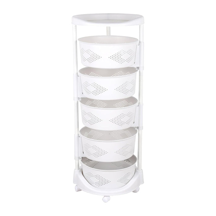 5 Tier Round Rotating Multi-Layer Kitchen Storage Shelf, 180° Rotating Fruit and Vegetable Storage Baskets with Lockable Casters, Multi-Layer Storage Shelf for Kitchen and Bathroom