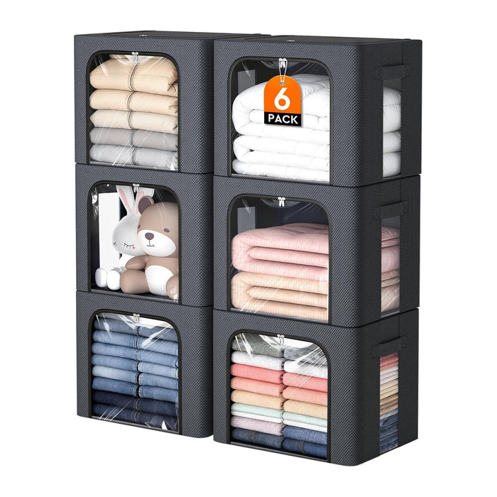 6 Pack Clothes Storage Bins with Metal Frame,40L Storage Bags Fabric Box Organizer with Clear Window,Zippers,Sturdy Handles(6 Pcs,Light Grey,40L)