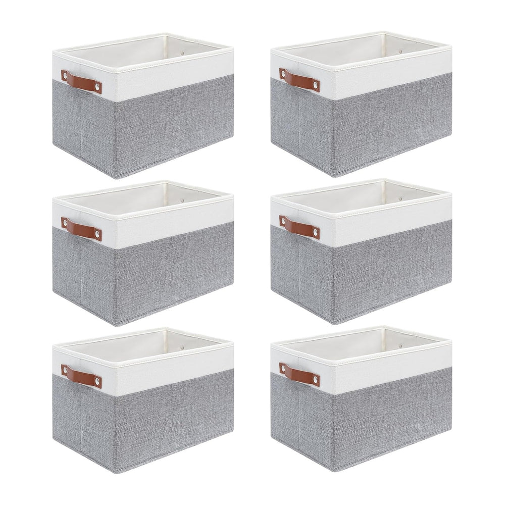 6 Pack Large Fabric Storage Baskets with Handles (White with Grey,15" L*...