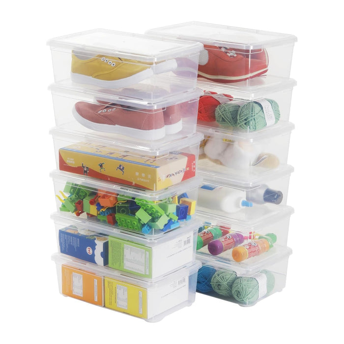 6 Quart Stackable Plastic Storage Shoebox, BPA-Free Nestable Container with Latching Lid to Organize, See-Through Box for Home and Office, Multi-Purpose Clear Bins (Transparent, 12 Pack)