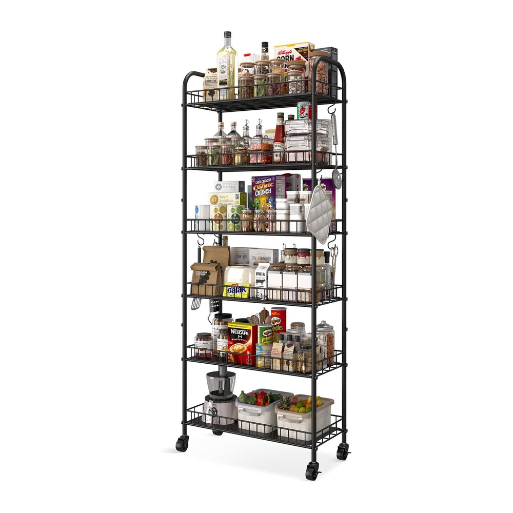 6 Tier Slim Storage Cart with Wheels, Metal Mobile Shelving Unit Organizer Ut...
