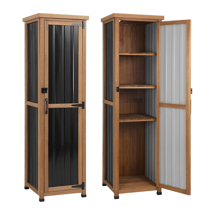 62" H Tall Narrow Outdoor Storage Cabinet with Metal Top, Outdoor Shed Storage Unit Waterproof with Adjustable Shelves for Garden, Patio, Living Room, or Entryway Storage, Black