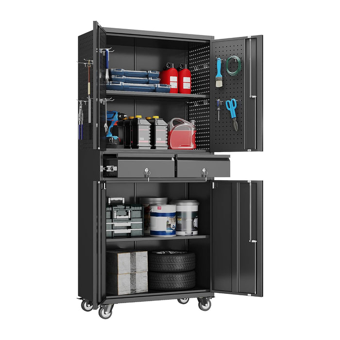 71-Inch Garage Storage Cabinet with 2 Drawers, Pegboard and Wheels