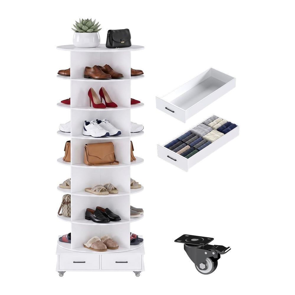 8 Tier Rotating Shoe Rack Contains 2 Drawers Shoe Tower Organizer