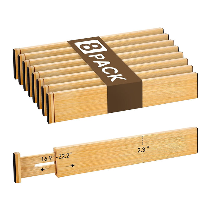 Adjustable Bamboo Drawer Dividers of 8, Expandable Organizers (16.9"-22.2")