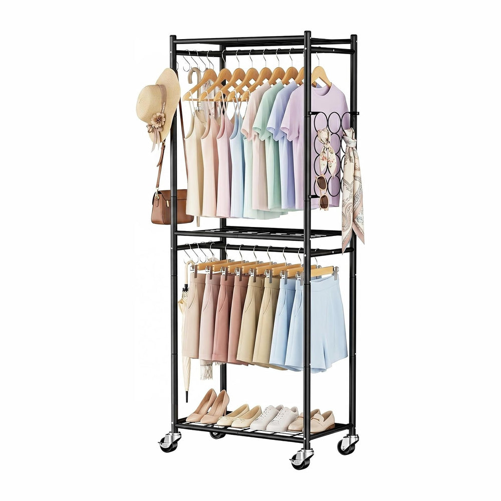 Aduanbang Heavy Duty Rolling Clothes Rack, 3 Tier Wire Shelving, Metal Garmen...
