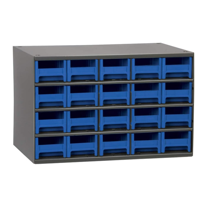 Akro-Mils Steel Garage Storage Cabinet, Small Parts Organizer Metal Cabinet for Hardware, Nails, Screws, Bolts, Nuts, and More, 17" W x 11" D x 11" H, 20-Drawer, Gray Cabinet/Blue Drawers (19320)