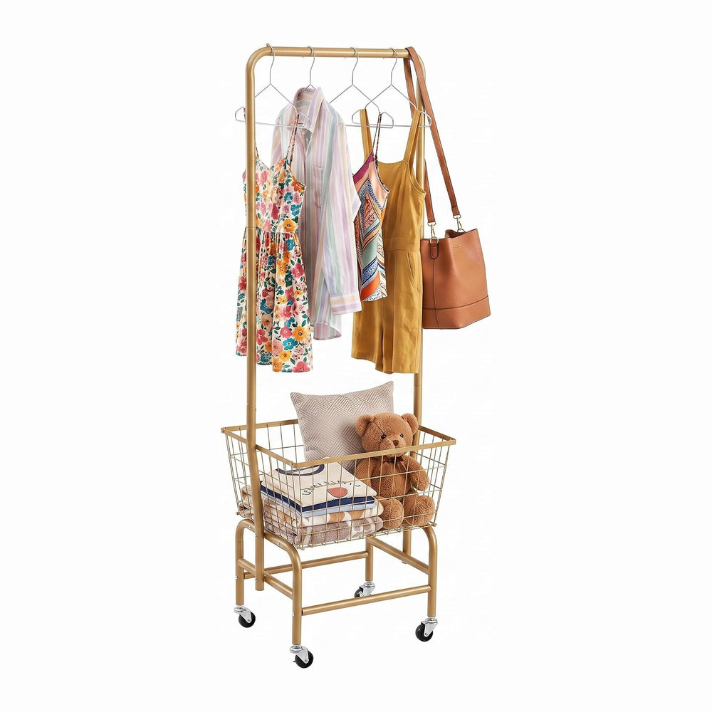 ALIMORDEN Rolling Laundry Cart with Hanging Rack & Metal Basket, Gold