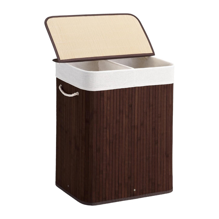 Aliphon 100L Laundry Hamper with lid, 2-Section Clothes Laundry Basket with Handles, Large Collapsible Bamboo Baskets for Bedroom, Bathroom, Dorm, Brown