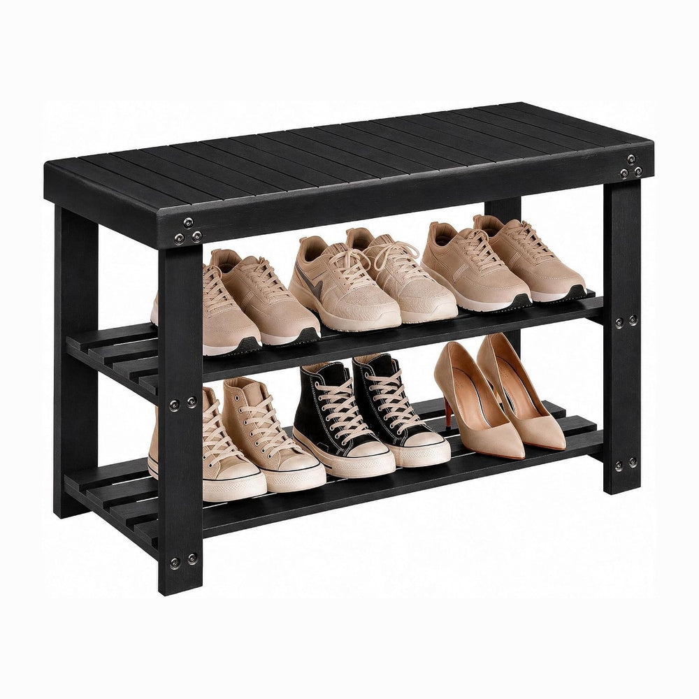 Amada 3 Tier Bamboo Shoe Rack Bench for Entryway, Living Room, Black