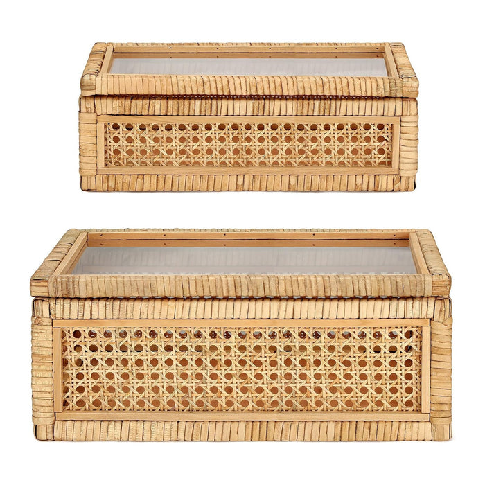 Amyhill Set of 2 Rattan Decorative Box with Glass Lid Rectangular Natural Woven Cane Stacking Display Boxes for Home Decor Rustic Shelf Organizer(15.4 x 9.5 x 7.1 Inch, 12.6 x 6.7 x 4.3 Inch)