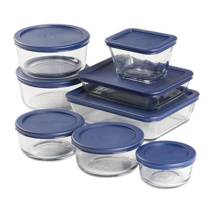 Anchor Hocking 16 Piece Glass Storage Containers with Lids (8 Glass Food Storage Containers & 8 Navy Blue SnugFit Lids)