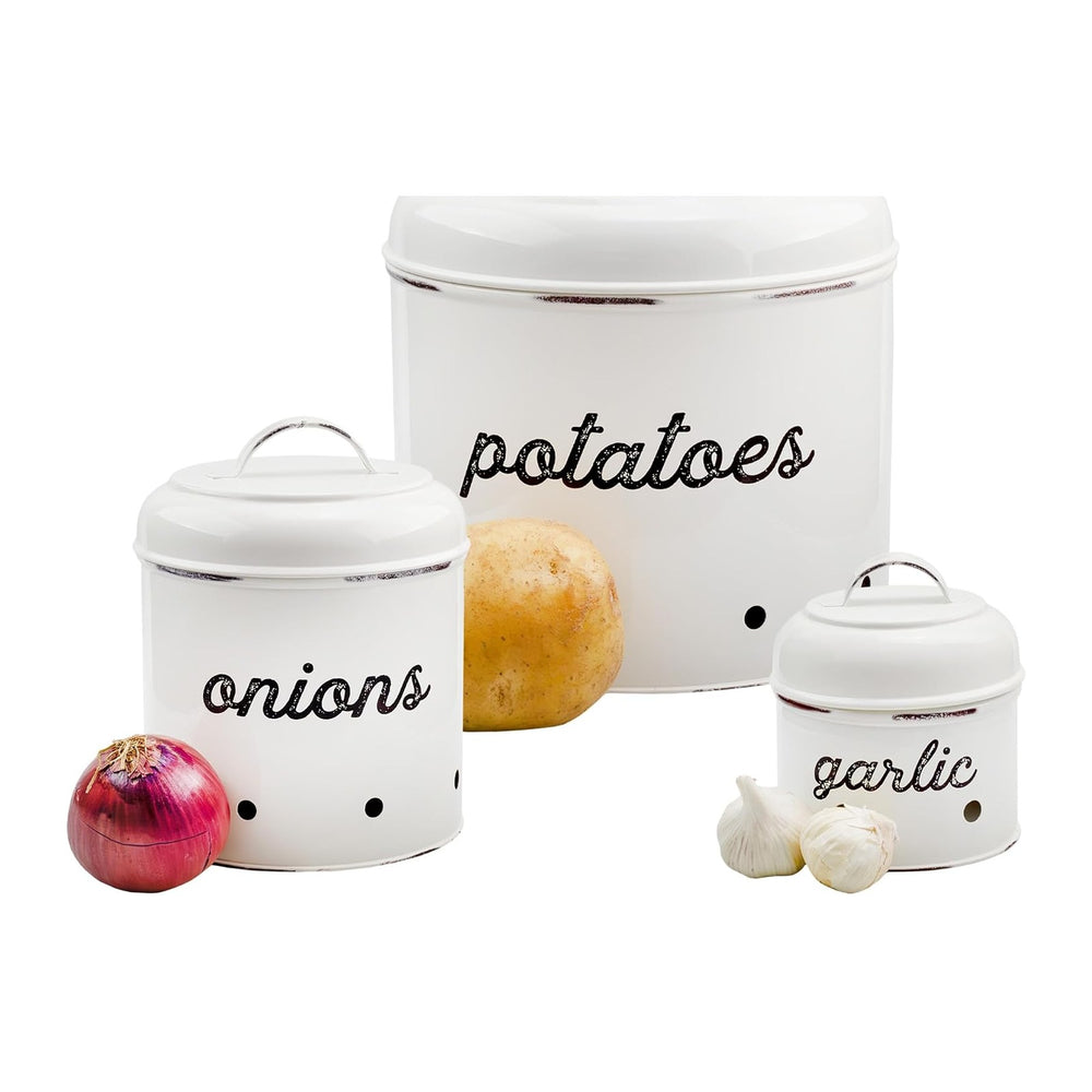 AuldHome Design Potatoes, Onions and Garlic Canister Set; Rustic White Enamel...