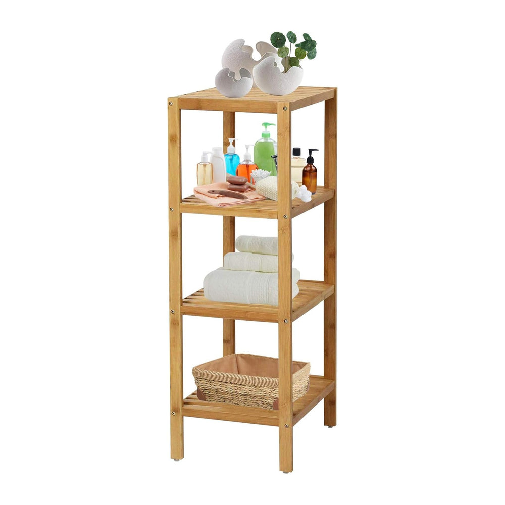 Bamboo Bathroom Shelf Square 4-Tier Storage Shelves Free Standing Rack Multif...