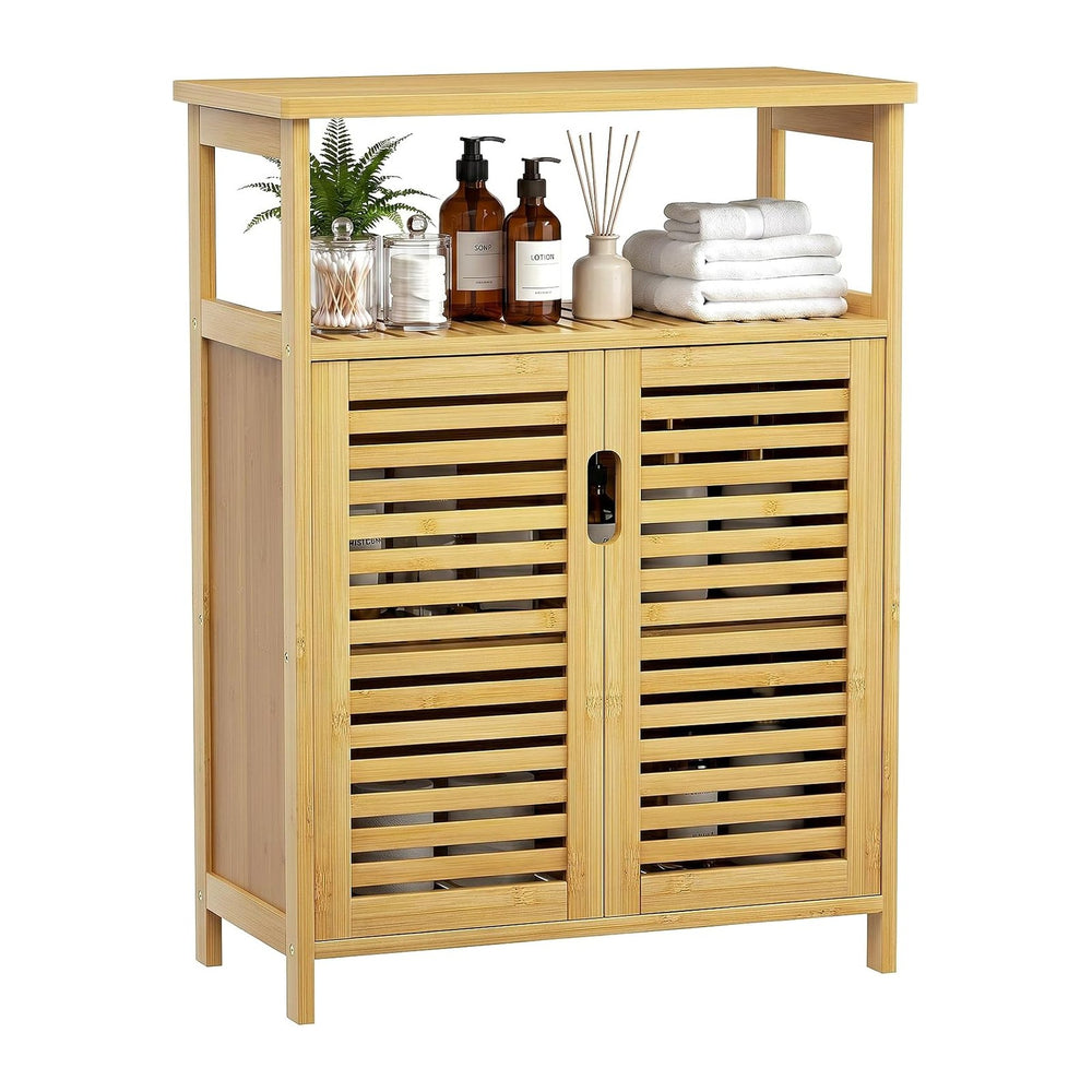 Bamboo Freestanding Bathroom Floor Storage Cabinet with Doors & Shelf