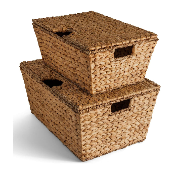 Best Choice Products Set of 2 X-Large & Medium Woven Storage Baskets W/Lids, Hyacinth Nesting Bins, Handwoven Organizer Baskets W/Handles for Bedroom, Living Room, Laundry Room, Or Office - Chestnut