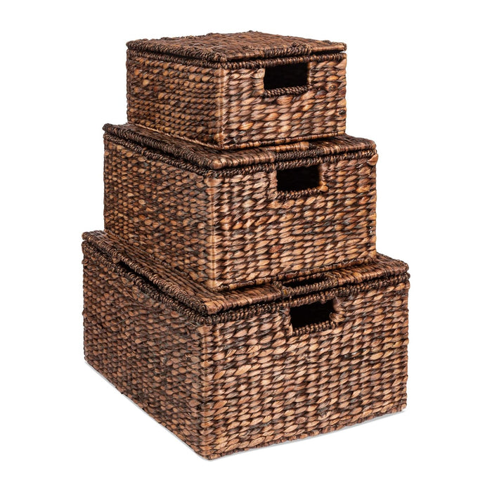 Best Choice Products Set Of 3 X-Large Multipurpose Hyacinth Storage Baskets, Handwoven Rectangular Organizer Totes for Bedroom, Living Room W/Insert Handles, Removable Lid - 21.5", 18", 15" - Brown