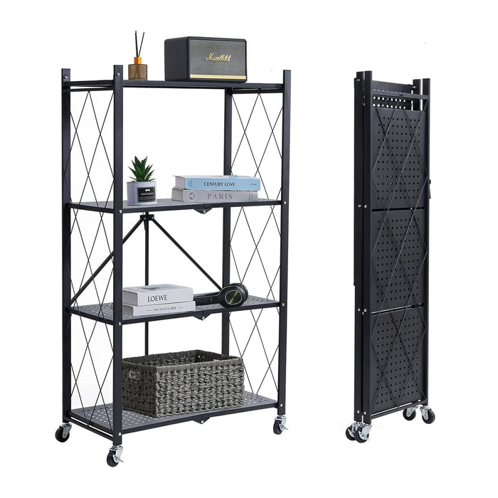 BRIAN & DANY 4-Tier Foldable Storage Shelves with Wheels, Folding Metal Rack Shelving Unit, Heavy Duty No Assembly Organizer Shelf for Garage, Kitchen, Basement, Pantry, Black