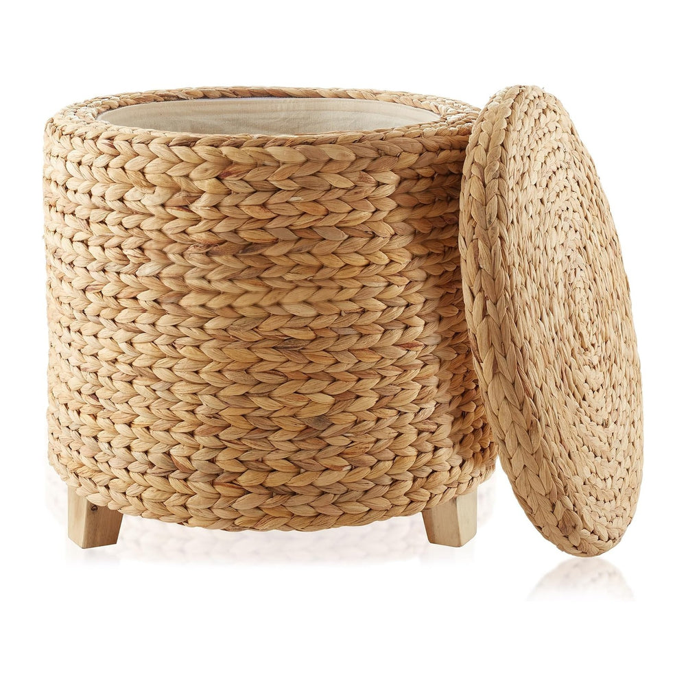 Casafield 17" Round Storage Ottoman with Lid - Natural, Handwoven Water ...
