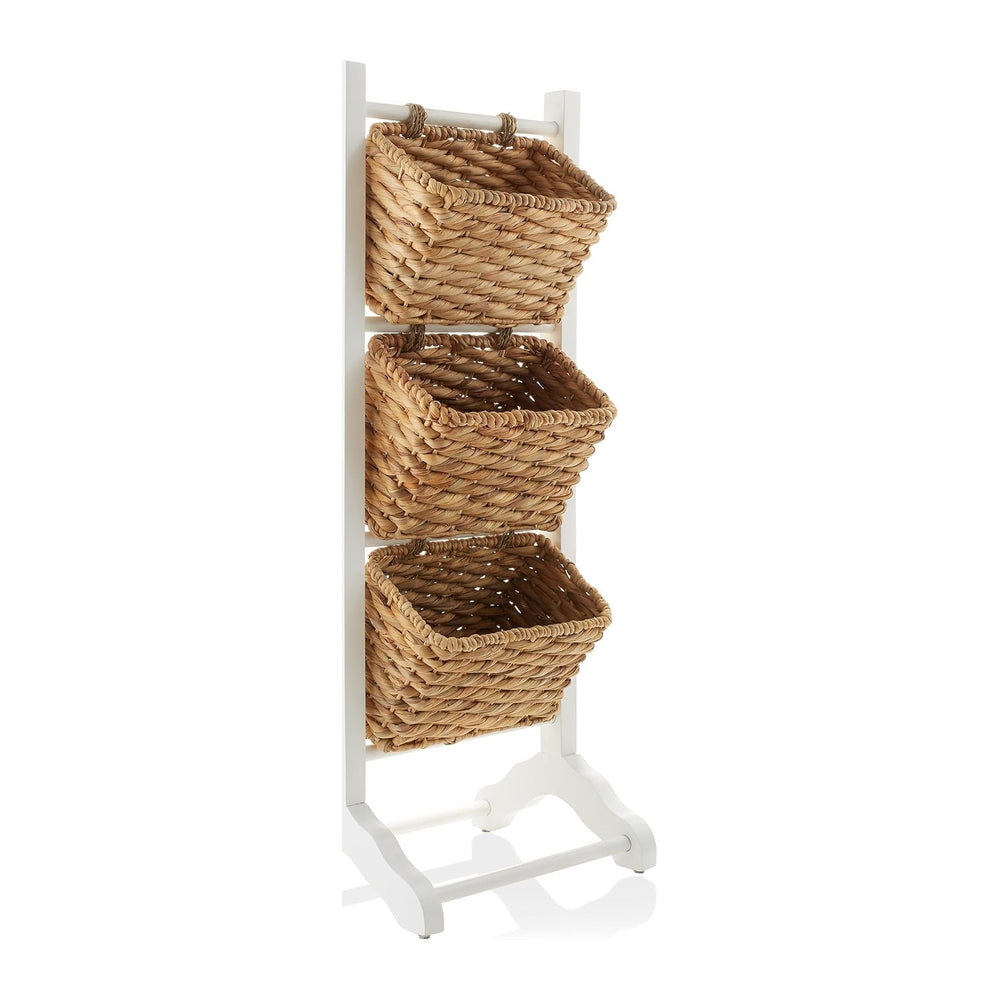 Casafield 3-Tier Floor Stand with Water Hyacinth Storage Baskets, White/Natur...