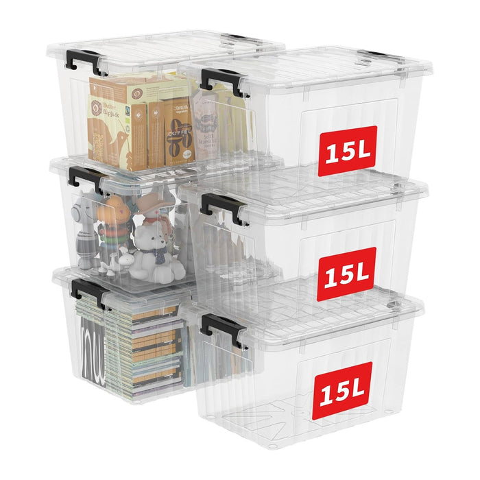 Cetomo 18Qt*6 Plastic Storage Bins, Storage Box, 6 Pack, Organizing Container with Durable Lids and Secure Latching Buckles, Stackable and Nestable, Clear with Black Buckle