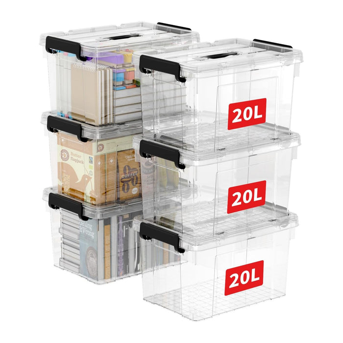 Cetomo Lidded Storage Bin with Handle, Storage Bins with Lid, Organizing Container with Secure Latching Buckles, Stackable and Nestable, Plastic, 25 Quart-6 Pack, Clear