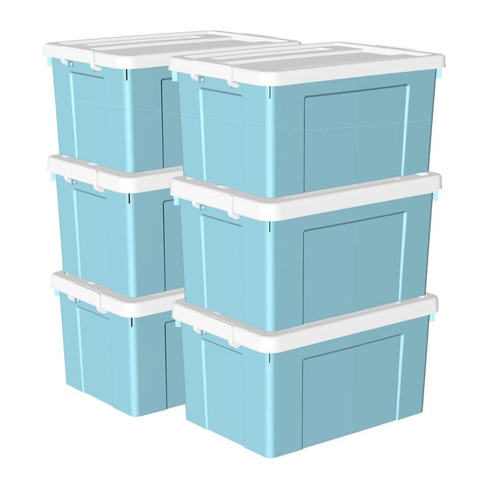 Cetomo Lidded Storage Bin with Handle, Tote Organizing Container with Wheels, Lid and Secure Latching Buckles, Stackable and Nestable, Plastic, 95 Quart-6 Pack, Blue