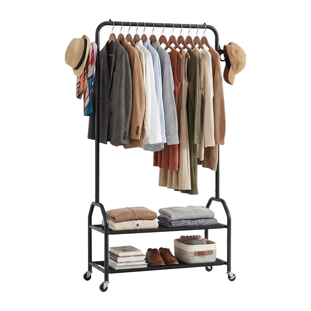 Clothes Rack with 2 Tier Shelves, Rolling Garment Rack