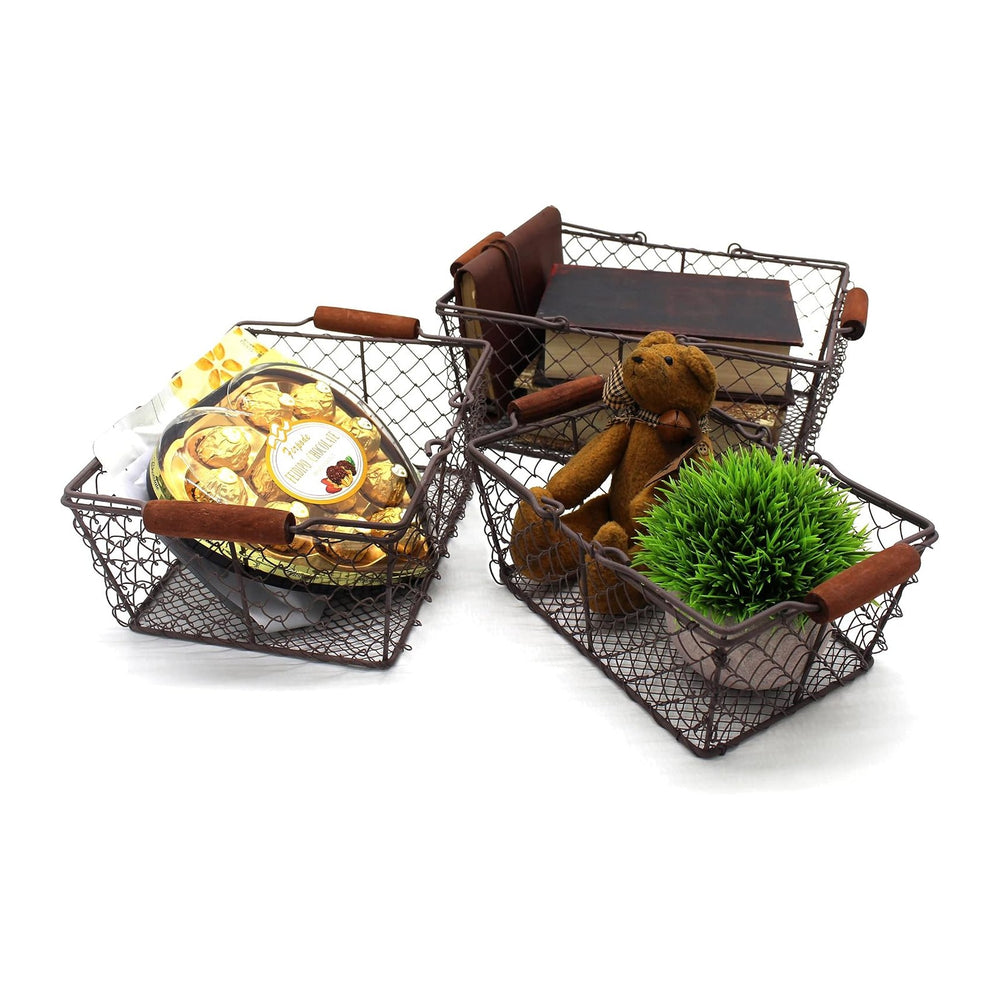 CVHOMEDECO. Primitive Chicken Wire Gathering Baskets with Wood Handle Rectang...