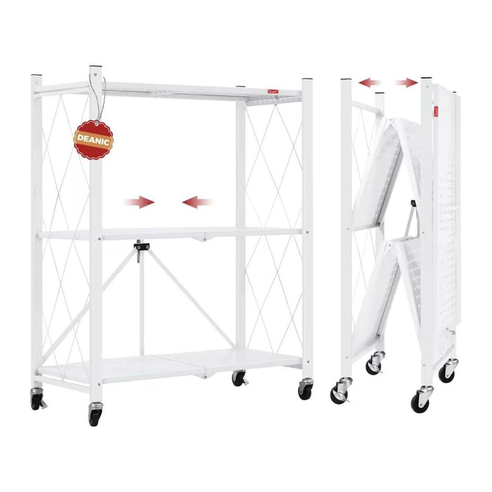 DEANIC 3 Tier Foldable Storage Shelves with Wheels, Kitchen Appliance Stand, Freestanding Metal Wire Shelf Rack, No Assembly Organizer Rolling Cart for Garage, Basement, Pantry(White)