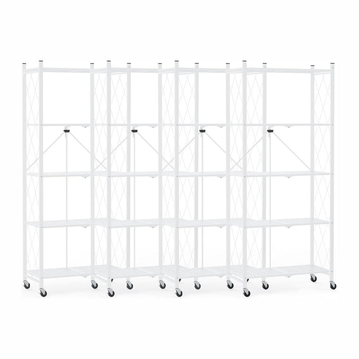 DEANIC 5 Tier Foldable Storage Shelves with Wheels, Large Capacity Shelving Unit, Freestanding Metal Wire Shelf Rack, No Assembly Organizer Rack for Garage Kitchen, Basement, Pantry White,4 Pack