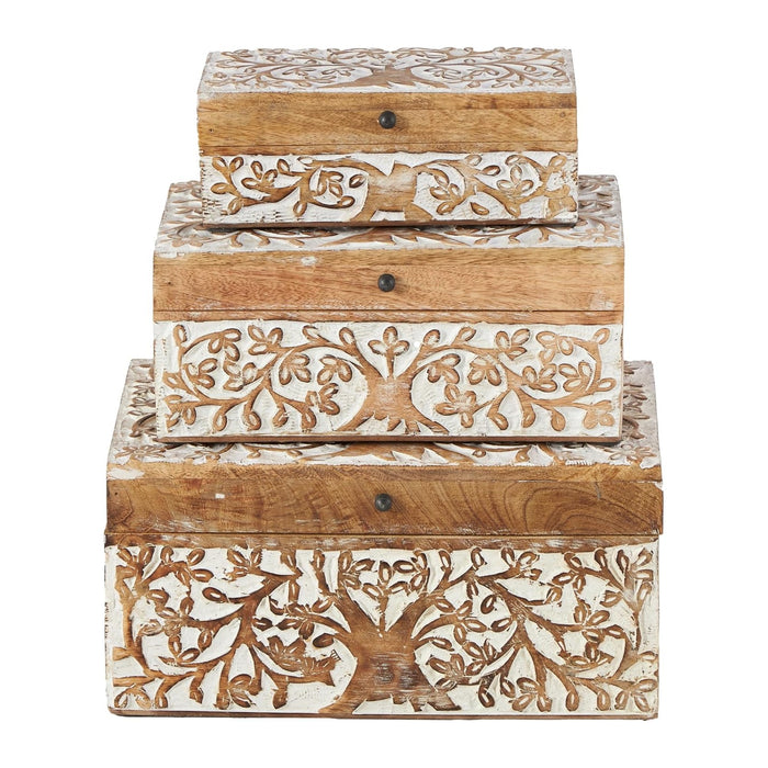 Deco 79 Mango Wood Floral Decorative Box Decorative Keepsake Boxes with Hinged Lid, Set of 3 Storage Boxes 8", 10", 12"W, Brown