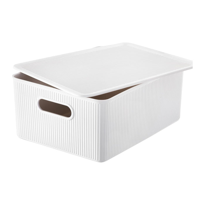 Decorative Plastic Basket Lidded Home Storage Bins Organizer Baskets, Large White (1 Pack - 15 Liter) Stackable Container Box, for Organizing Closet Storage Bins for Shelves - Ribbed Collection