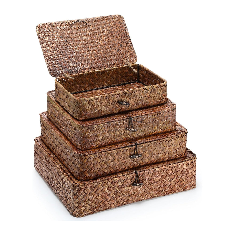 Didaey Set of 4 Seagrass Basket with Lid Wicker Storage Basket Decorative Sto...