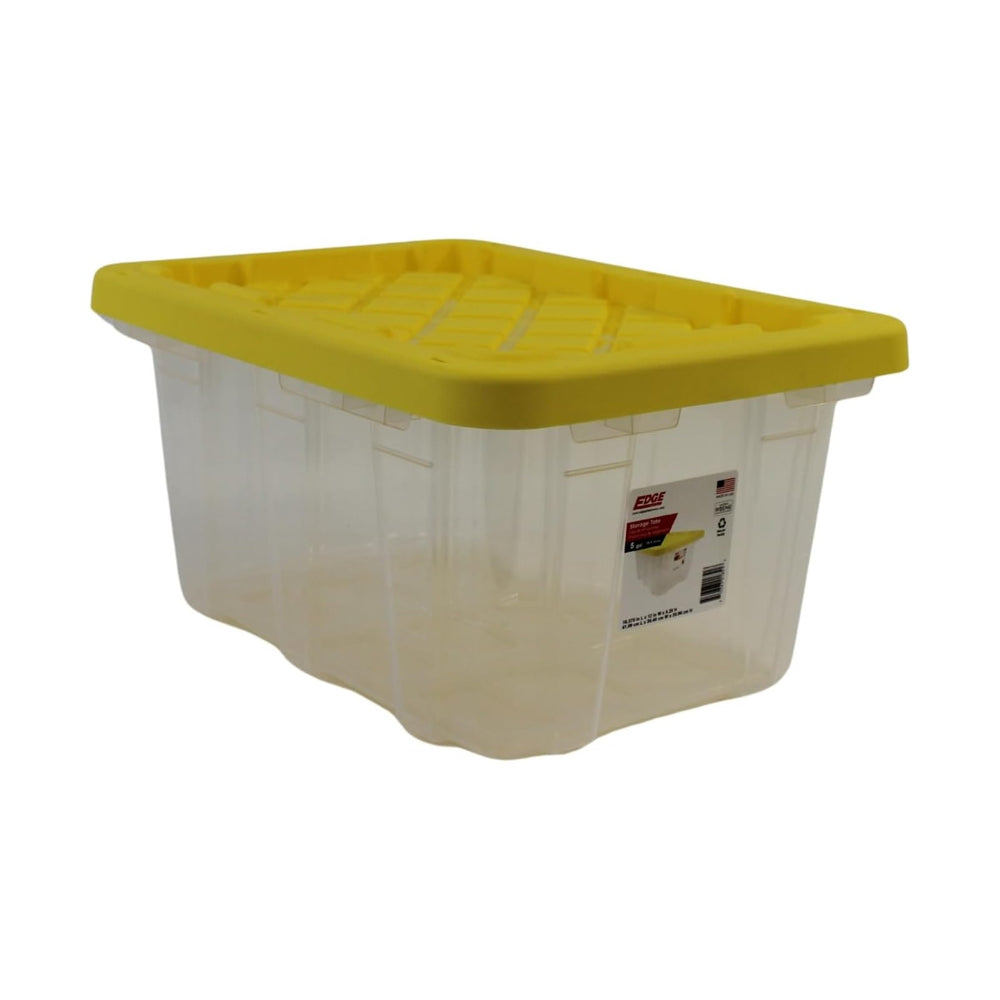 Edge Plastics 5 Gallon Tough Tote, Clear Base with Yellow Lid, 5-Pack