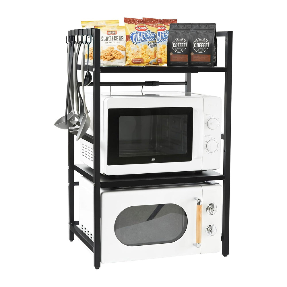 Expandable 3-Tier Microwave Rack with 6 Hooks, Adjustable Storage Shelf
