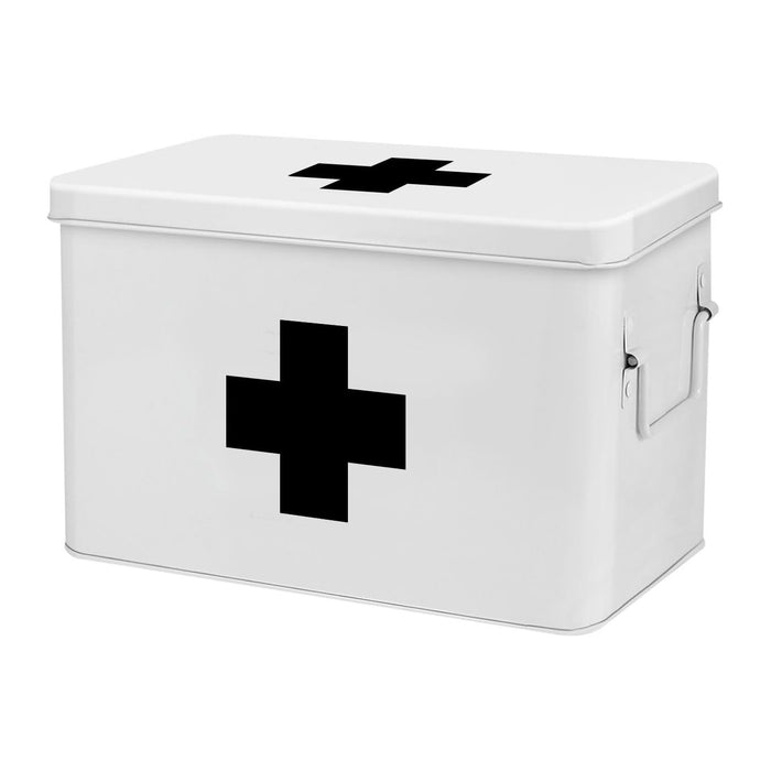 Flexzion Large Metal First Aid Box Empty, 13-Inch, White with Black Cross