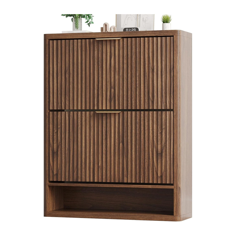 Fluted Shoe Cabinet Storage with 2 Flip Drawers, Narrow Shoe Storage Organize...