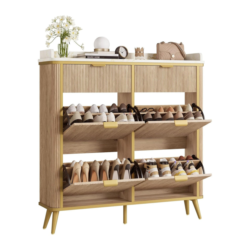 Fluted Shoe Storage Cabinet with 4 Flip Drawers & 2 Drawers, Freestanding...